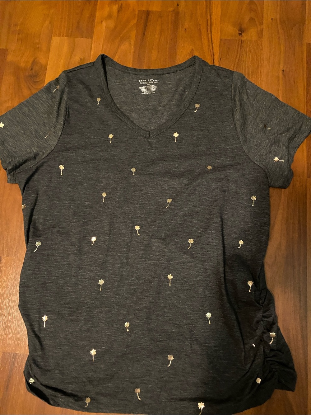 Lane Bryant Charcoal Short Sleeve V-Neck Tee with Gold Palm Motif
